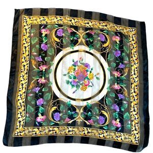 40” square floral black white green purple pink gold  polyester silky scarf